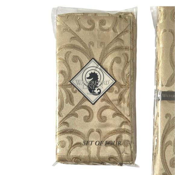 Waterford Linens Anya Tablecloth 90” Round + 4 Napkins Set Polyester Gold Design - Picture 3 of 8